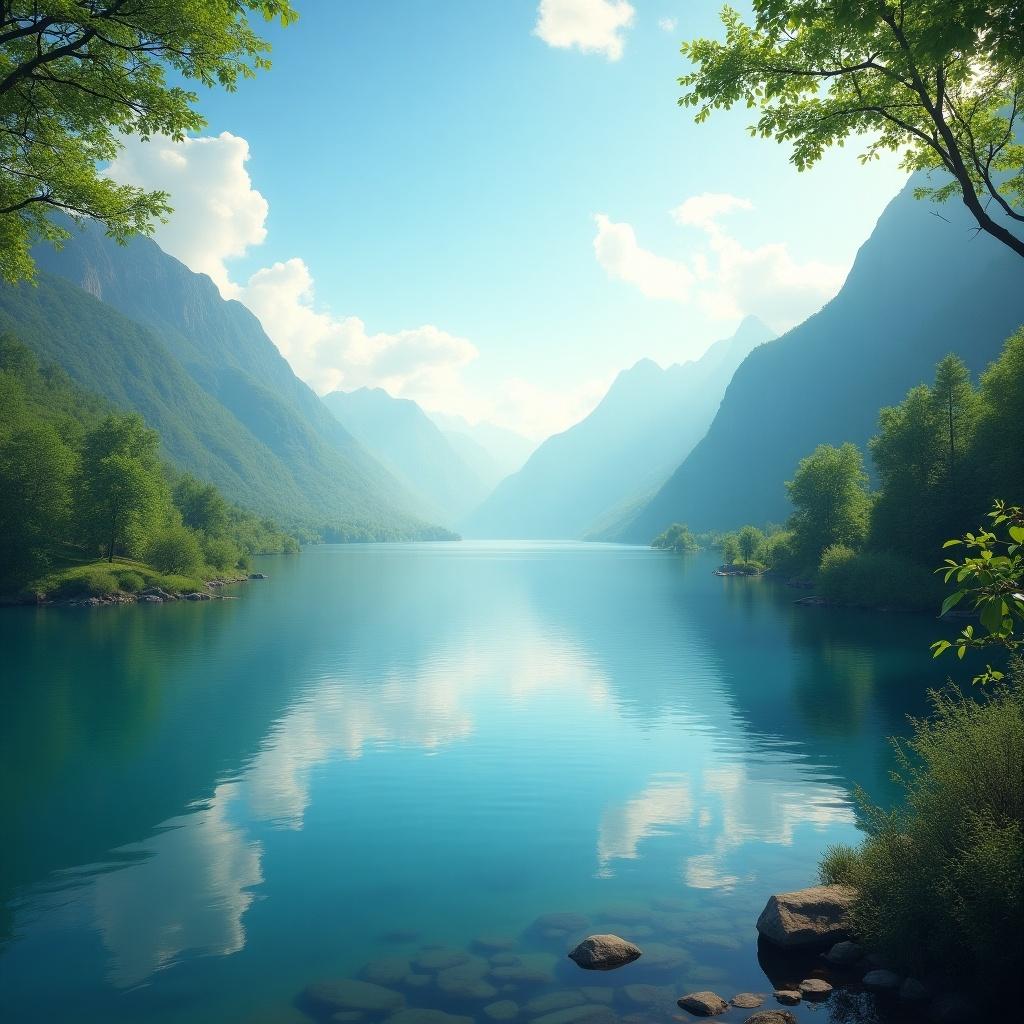 A serene mountain landscape. A tranquil lake reflects surrounding mountains. Lush green trees frame the view. Soft clouds float in a bright sky. A peaceful atmosphere prevails.