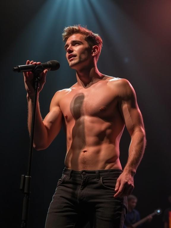 Handsome fit 20 years old English man singing shirtless on stage. He is holding a microphone with dramatic lighting focusing on him.