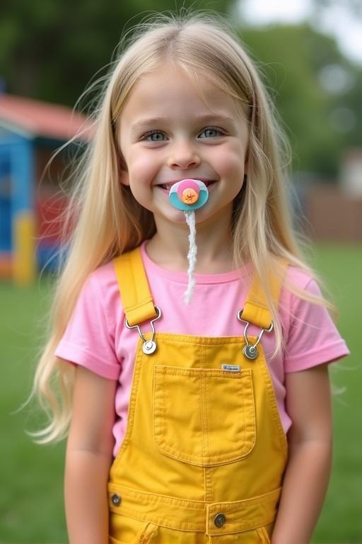 A 6-year-old girl with light blond hair and green eyes wears a pink t-shirt and yellow dungarees. She plays in a school playground with a pacifier in her mouth. She appears to be smiling in the joyful setting.