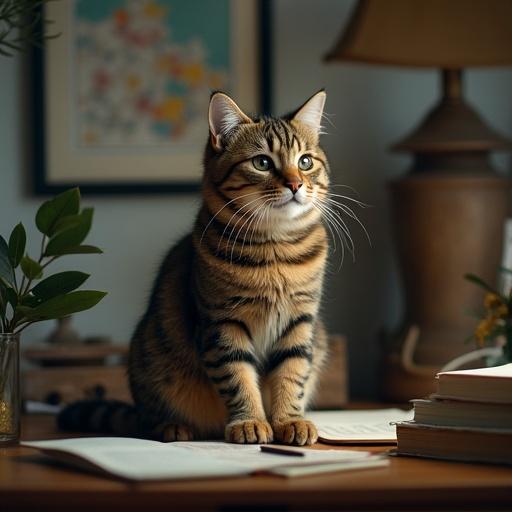 A cat sitting on a table in a home office. The scene includes a soft focus background with a plant and an inviting workspace.
