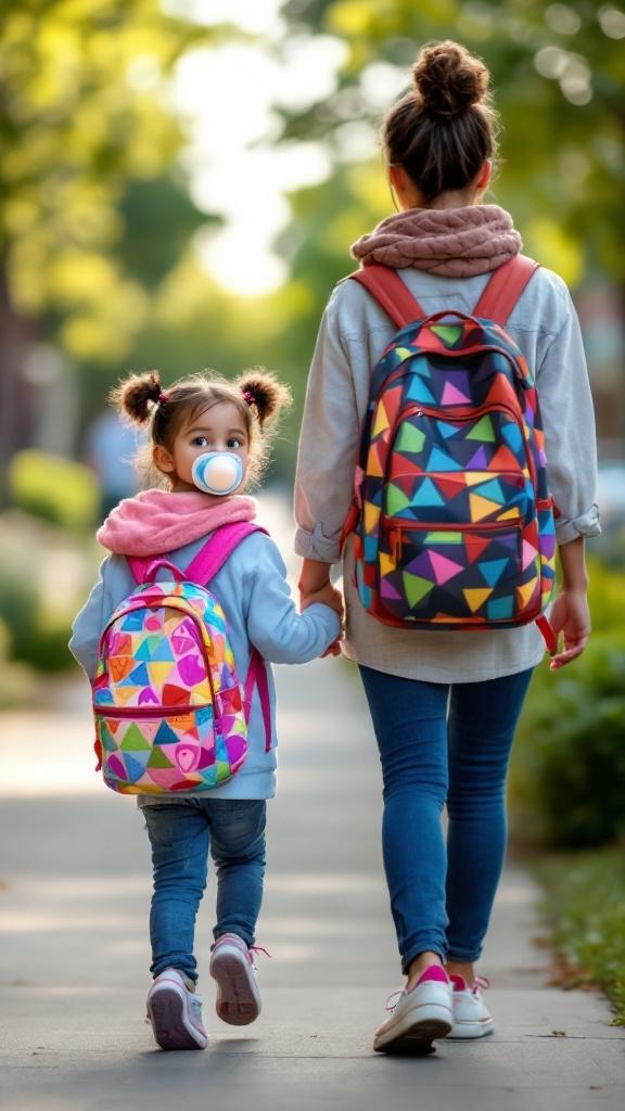 Mother walks along sidewalk with daughter. Mother holds daughter's hand. Child has colorful backpack. Scene is relaxed and warm.