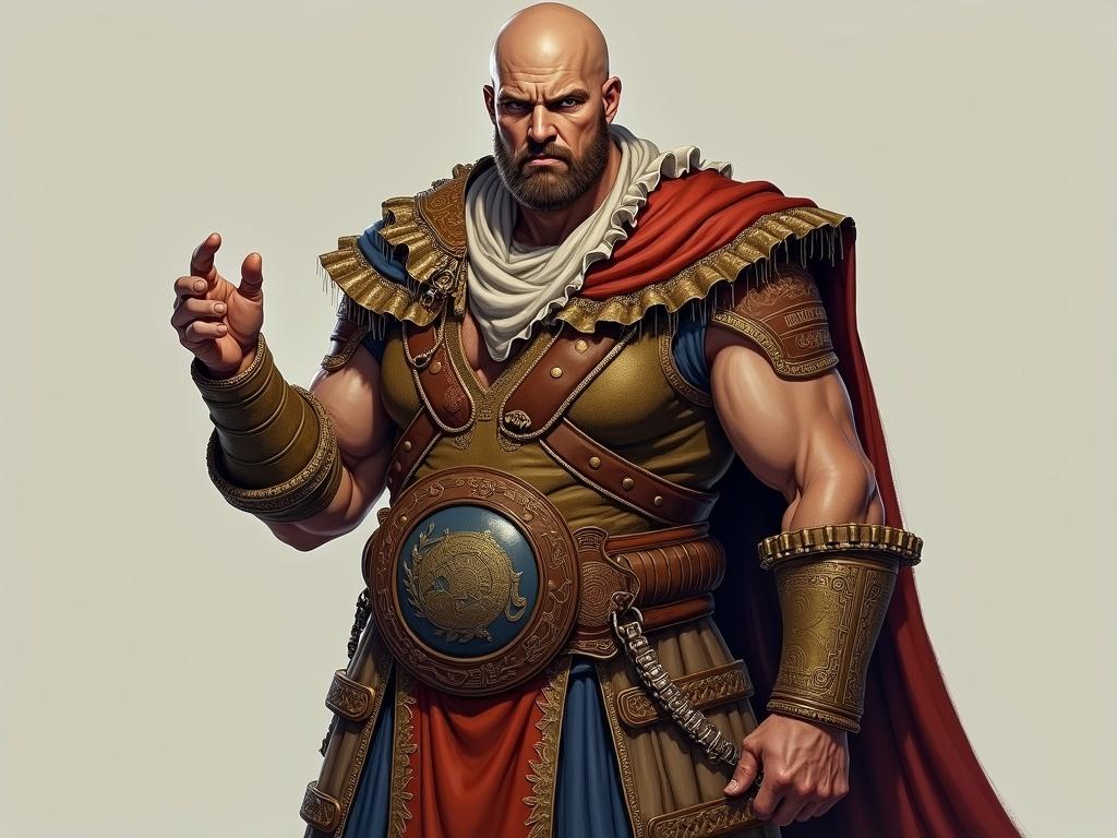 The image features a character dressed in elaborate, historical attire that combines various textures and colors. He has a bald head and a serious expression, suggesting a powerful or commanding presence. His outfit includes layers of rich fabrics, adorned with intricate patterns and a large decorative belt. The character stands firm, gesturing with one hand, possibly indicating authority or readiness. Various accessories hang from his belt, adding to the richness of the costume. The overall appearance combines elements of warrior elegance with signs of ceremonial clothing.