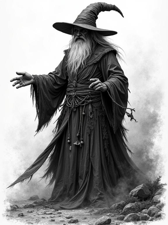 An ancient powerful wizard detailed inking on white background. Wizard dressed in elaborate robes. Long beard and pointed hat. Wizard stands with hands raised. Dramatic low angle shot. Tattoo art style.