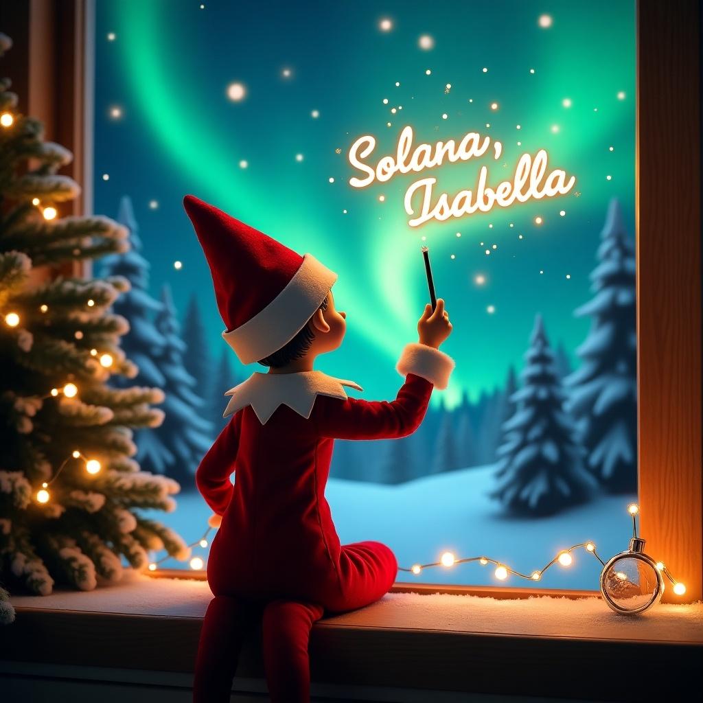 An enchanting Christmas scene unfolds with an elf on the shelf positioned with her back to the viewer. She is dressed in a festive red and white outfit and holds a magic wand, writing 'Solana' and 'Isabella' in glowing script above her. The backdrop features vibrant northern lights that illuminate the snowy landscape. The scene is adorned with twinkling lights on a nearby tree, enhancing the magical feel. This whimsical portrayal encapsulates the joyful spirit of the holiday season, inviting feelings of wonder and excitement.