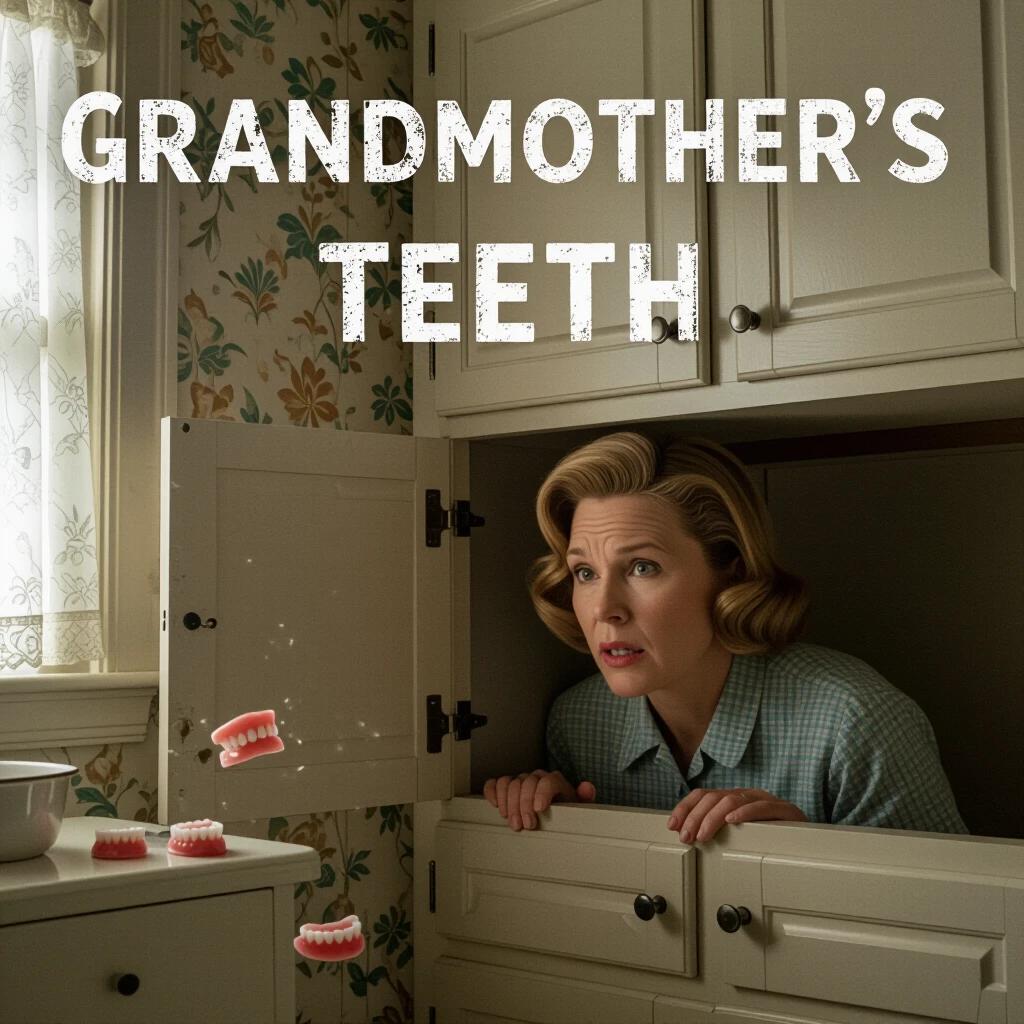Movie poster for Grandmother's Teeth. The title is written in scratched childlike handwriting on vintage wallpaper. A character peers from a kitchen cabinet. Nearby, dentures are scattered. Lighting includes fluorescent flickering and moonlight creating shadows. The image has a high noise grain texture for an eerie effect.