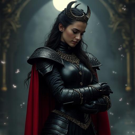 Beautiful young woman wearing black and crimson gothic armor. Crescent moon crown on head. Nervous posture with slightly shrugged shoulders. Weight shifted onto one leg. Head bowed avoiding eye contact. Fidgeting fingers at waist. Soft gentle face with blush and shy smile. Magical particles in dark throne room illuminated by moonlight. Hyper-realistic lighting and detailed anatomy.
