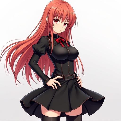 Anime character depicting yandere traits. Wearing a black skirt. Red hair and striking expression. Community engagement in anime culture.