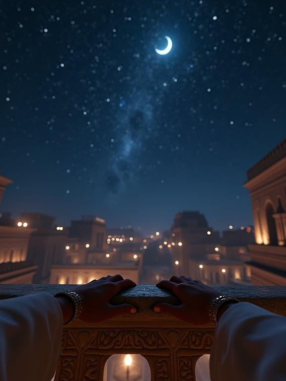 Screenshot from a VR game showing a first-person view leaning on a carved stone railing of a high palace balcony in ancient Egypt at night. Hands rest on the stone ledge while gazing at a brilliant starry sky. The constellation Sirius twinkles alongside a glowing sliver of the moon. Faint torchlight flickers in the courtyard below. Soft breeze lifts the sleeves carrying jasmine scent. Ultra-realistic, immersive first-person POV view without face or characters.