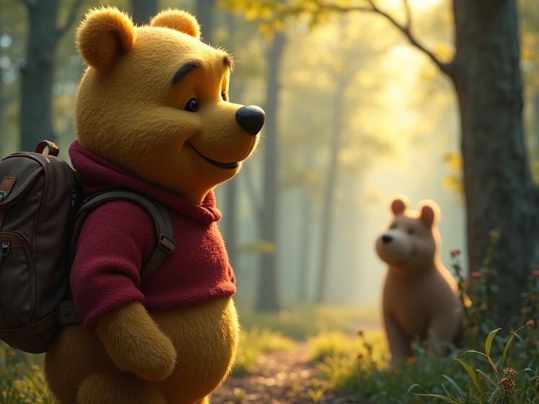 Winnie the Pooh in a forest wearing a backpack. Bright sunlight filters through trees. A bear is in the background. Digital art with bright colors and high detail.