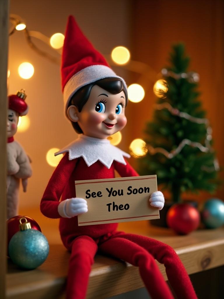 The image shows a cheerful elf on the shelf sitting on a wooden surface. The elf wears a bright red outfit with a white collar. The elf holds a sign that says 'See You Soon Theo'. The background has cozy Christmas decorations like a small Christmas tree and colorful ornaments. Warm lights create a festive ambiance.