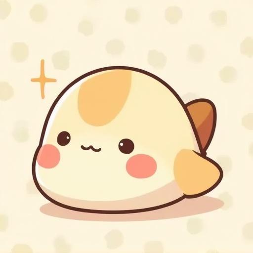 Cute character named Uomaru shaped like a round soft creature. Cream-colored body with red cheeks and small nose. Features brown dorsal fin and tail. Gentle healing expression with calming appearance. Soft warm tones. Background resembling washi paper or nature elements.