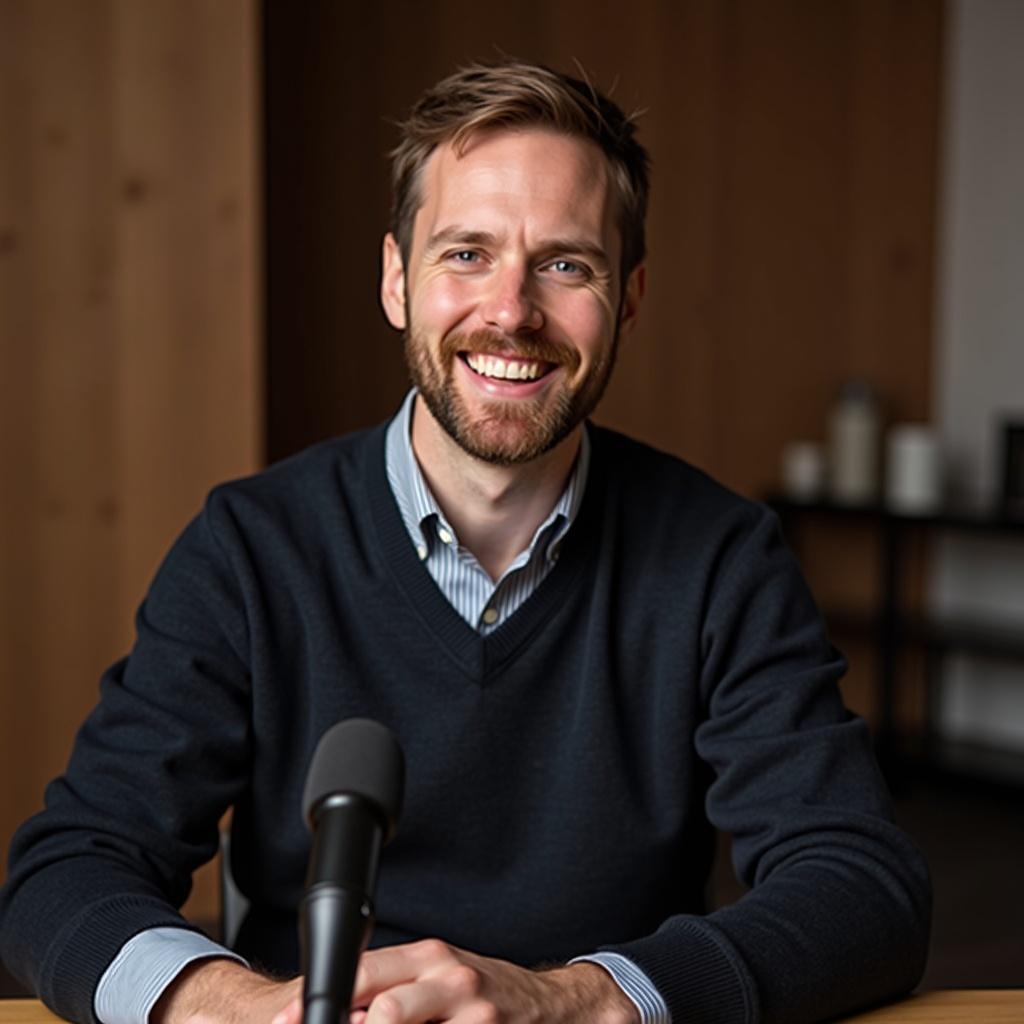 The image shows a man sitting in a podcast studio. He has no beard and is dressed in a dark sweater over a collared shirt. The background is professional and inviting, designed for recording interviews or discussions. A microphone is positioned in front of him on the table. The atmosphere appears relaxed and positive during the podcast recording.