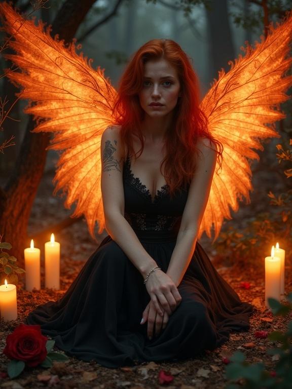 Fire-winged angel with fiery red hair sits in dark forest. Display of sorrowful expression and dark lace top. Pale skin with visible veins. Large wings made of crimson-orange flames. Amber lighting from candles creates ethereal glow. Dark trees and bushes form background with scattered red roses. Scene evokes melancholy and mystique. Perspective is slightly above focusing closely on subject. Painterly style with soft lighting and detailed features.
