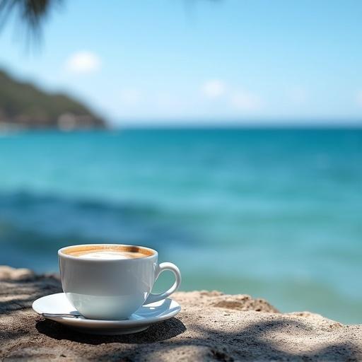 Cup of coffee on sandy beach with blue sea in the background. A scene for relaxation and leisure. Natural lighting and peaceful ambiance.