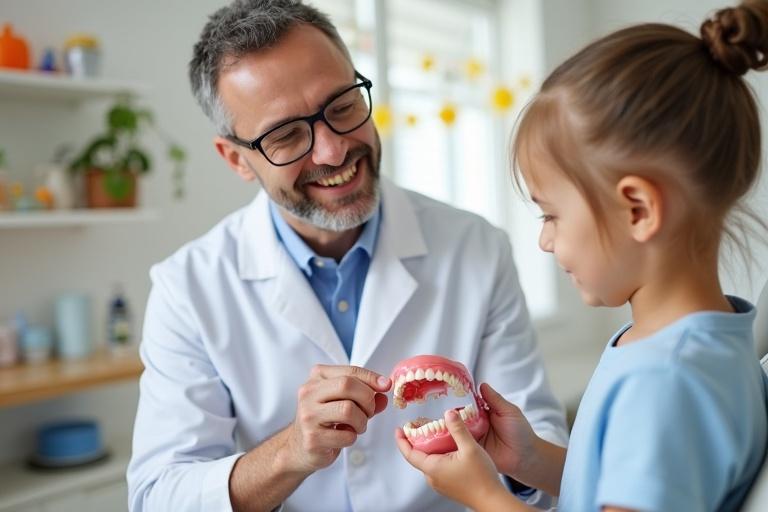 Child learns about a removable maxillary appliance from a dentist. The dental clinic features playful motifs. The dentist shows a model of the appliance. The child is attentive and engaged. The setting is bright and inviting.