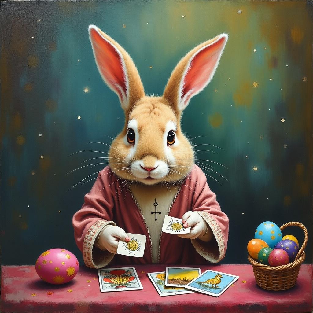 Impressionist painting featuring a bunny dressed as a fortune teller. Bunny holds tarot cards with colorful eggs and a basket on a table.