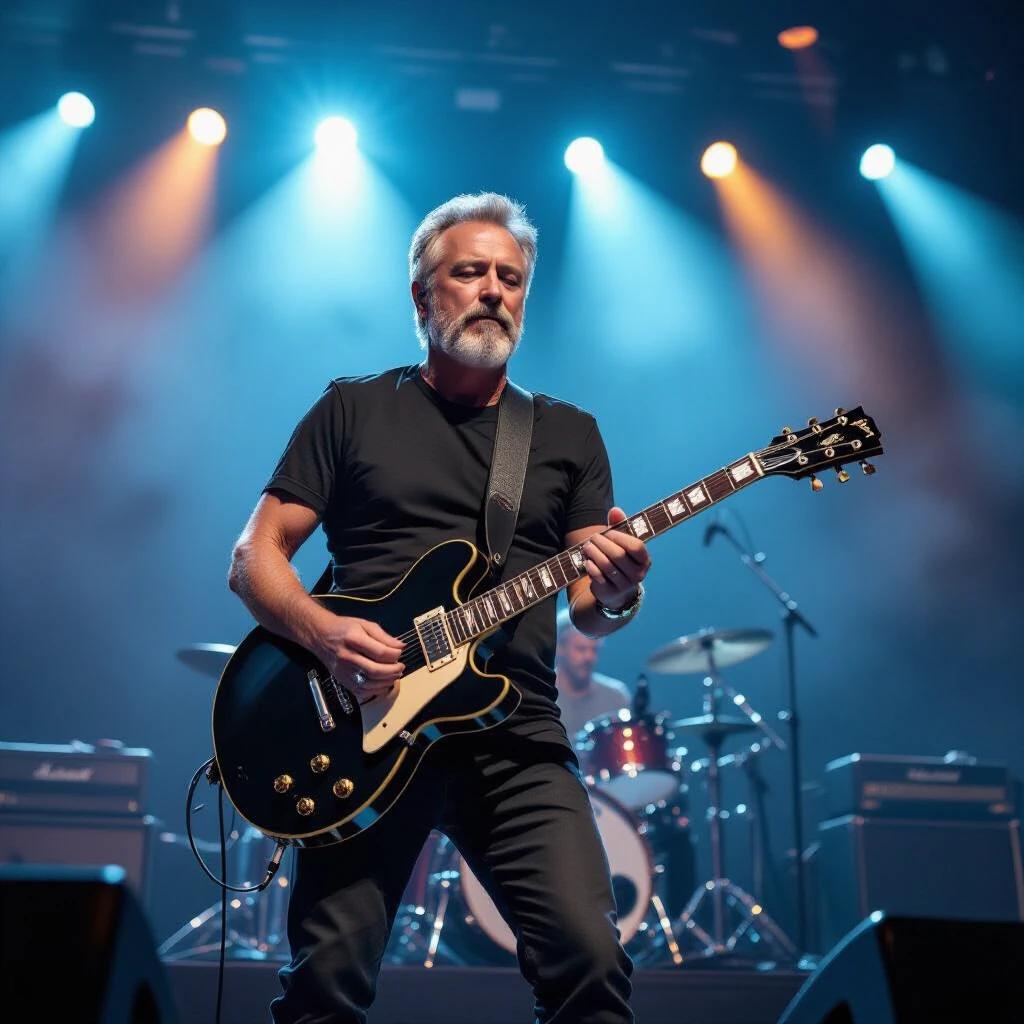 Man in his 40s with short gray hair wearing a black t-shirt and black pants playing a Gibson Flying V guitar on a large rock concert stage. Curved catwalks in the background with powerful lights illuminating the scene and flames rising from below along with blue-gray smoke.