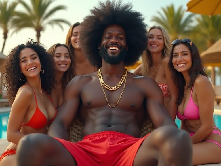 Ultra-realistic cinematic image of a tall muscular Black man with an afro sitting on a pool lounge chair. He wears red swim trunks and a gold chain. Surrounding him are young white women in bikinis taking selfies and laughing. The setting is a luxury poolside with palm trees and sunlight reflections. The scene has a tropical color palette and soft focus background.