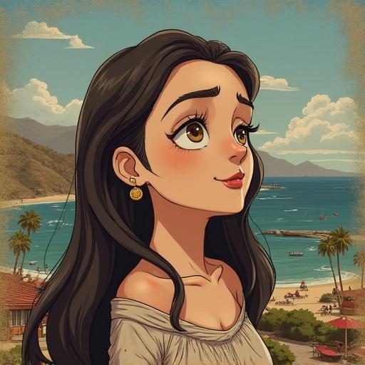 A cartoon character with long black hair stands by the seaside. She has a thoughtful expression and is wearing a casual outfit. The background features a beach scene with palm trees and mountains.