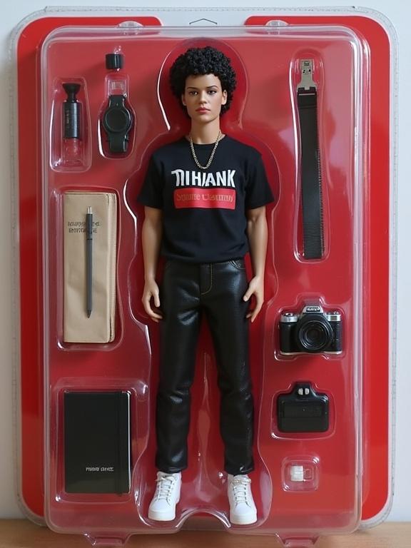 Realistic action figure in blister pack. Figure wearing shirt with Rihanna logo. Includes notebook and camera. Title is Rihanna with YouTube Games below. PEGI 30 notice included. High definition and photorealistic quality.
