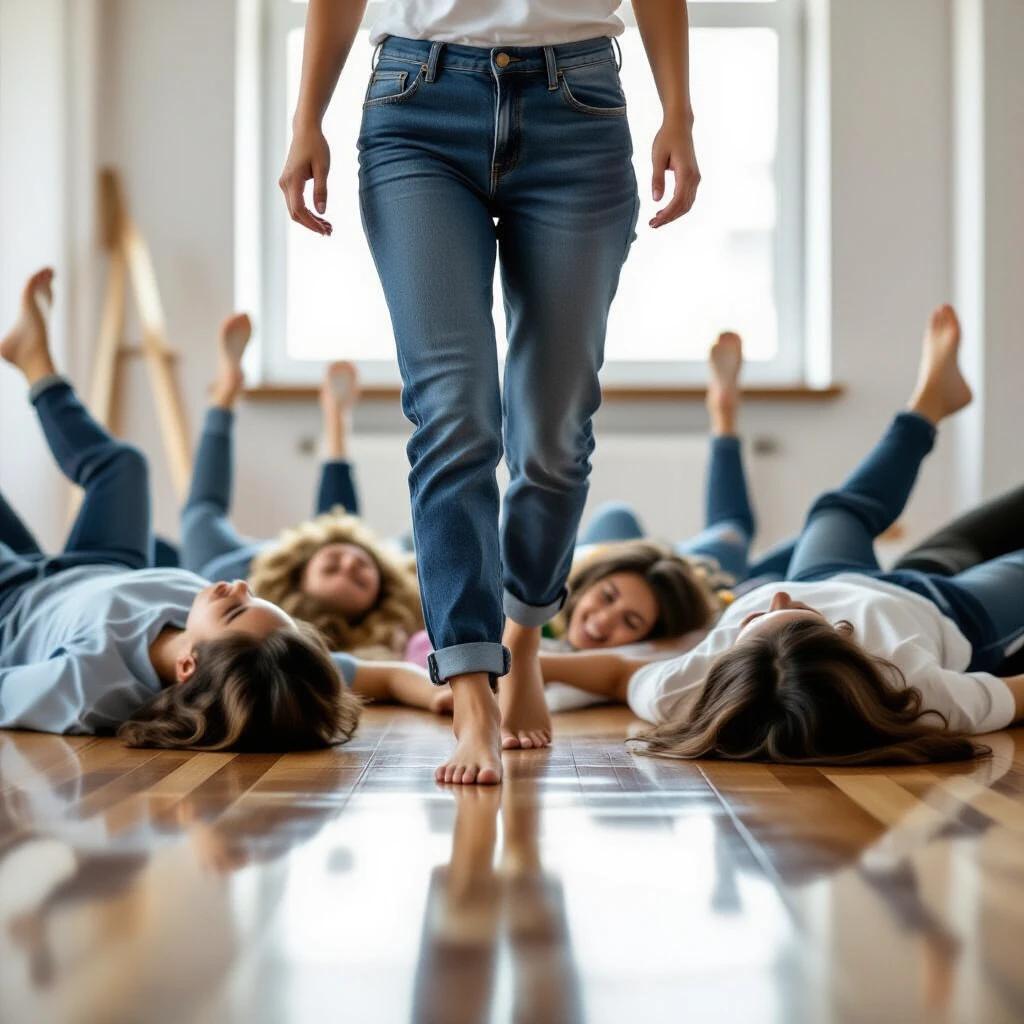 A happy woman walks barefoot on a reflective wooden floor wearing jeans. Several classmates lay on the floor in the background. The scene is bright and vibrant.