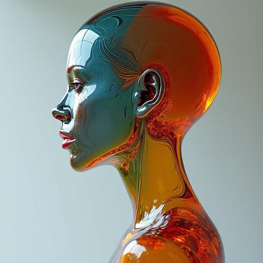 Female figure created from glass materials with a smooth profile and vibrant colors
