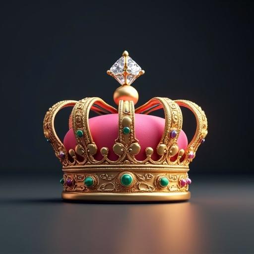 3D rendering of a royal crown against a charcoal gray backdrop. The crown is gold and pink, featuring intricate details with swirling patterns and filigree. A diamond is at the top, with emerald, ruby, and sapphire accents. The crown is tilted for dynamism and well-lit to showcase textures.