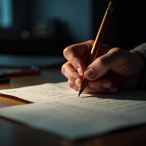 A person writes a letter with their left hand on a piece of paper in a dimly lit room at night.