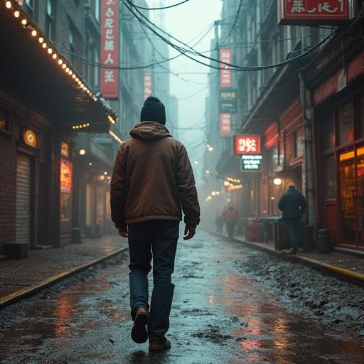 A calm figure walks on a foggy street. The scene is filled with soft ambient lights. The atmosphere feels serene despite urban noise. It captures a sense of solitude in the city.