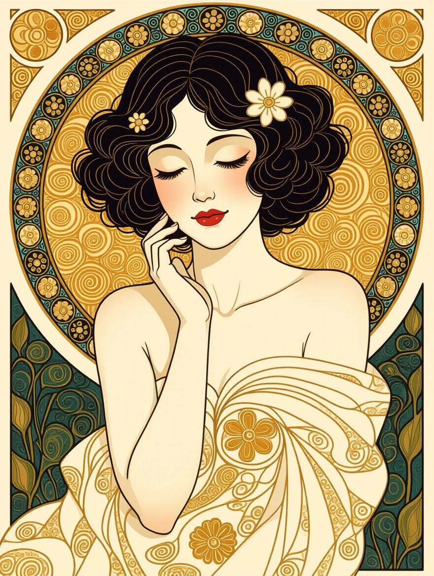 Whimsical beautiful woman with curly hair and a flower in her hair. Wrapped in decorative fabric. Surrounded by a golden circle with intricate patterns.