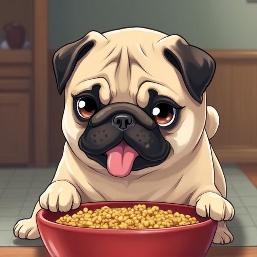 Pug sitting in front of a bowl of food. Setting shows a cozy interior with warm colors. The pug looks cute and focused on the bowl.