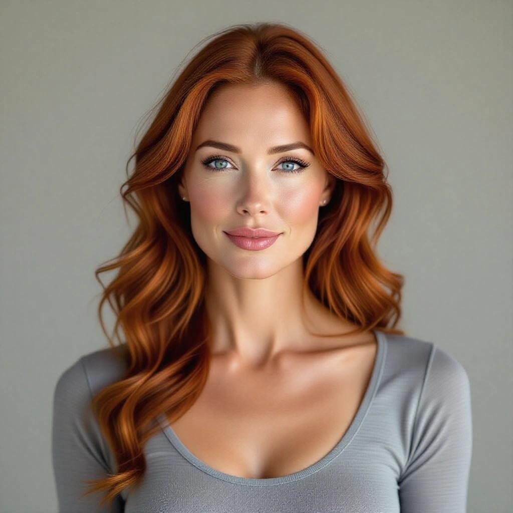Photorealistic medium waist-up shot of a confident mature woman with long wavy red hair and blue eyes. She has full lips and photorealistic skin texture with visible pores. Her head is slightly tilted with no facial expression, subtle smile lines, and light crow's feet. Dressed in a grey bodysuit against a grey seamless backdrop with even studio lighting.