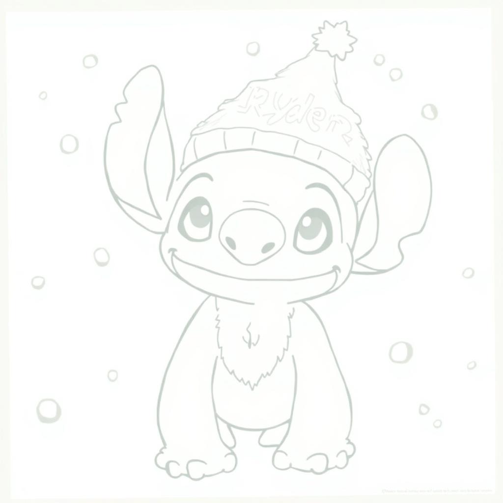 Coloring page showing Stitch in winter wonderland. Stitch wears Santa hat with name Ryder.