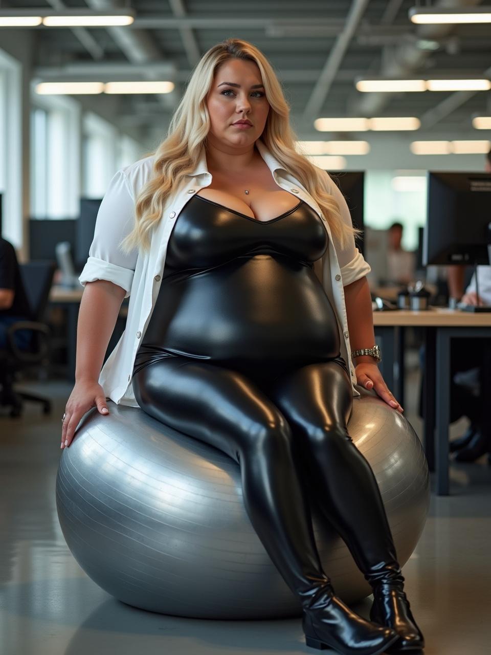 This image features a young, curvy woman sitting on a shiny silver yoga ball in a modern Danish office. She is wearing a tight, shiny black latex shirt paired with a loose white shirt, exuding confidence. With her long blond hair cascading over her shoulders, she has a striking appearance. The office environment is well-lit with natural light, providing a professional backdrop. The atmosphere conveys a blend of elegance and empowerment, showcasing body positivity in a corporate setting.