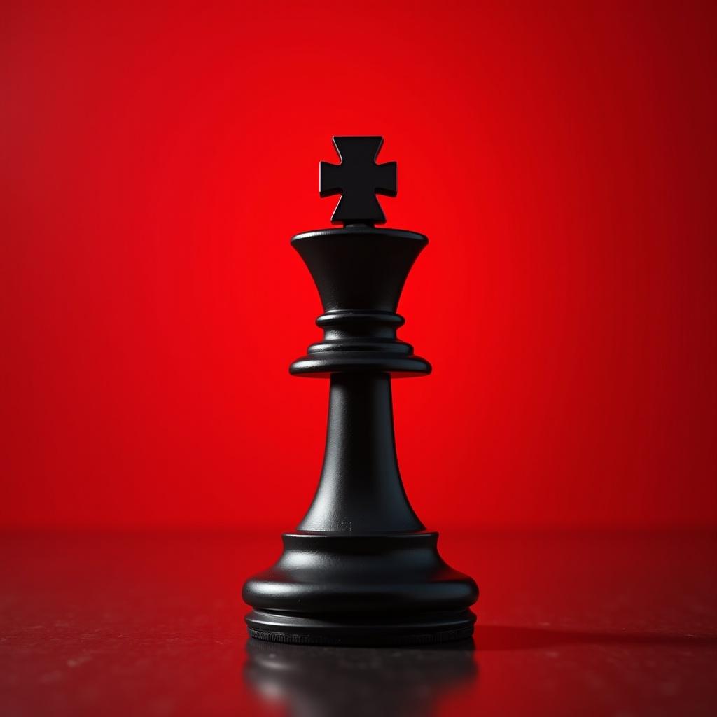 A large black chess king piece on a bright red background. The design emphasizes power and danger. Looks glossy and dramatic.