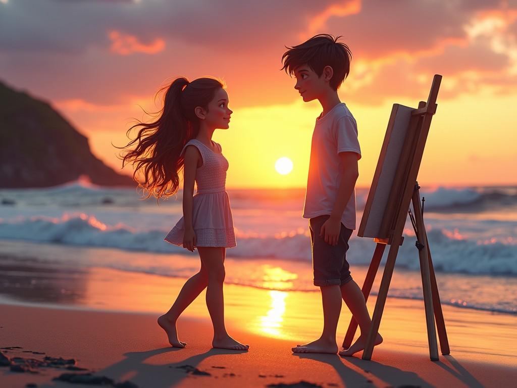 This image depicts two animated young characters standing on a beach at sunset. The boy, holding a canvas on an easel, looks at the girl with interest. The girl, with flowing hair, gazes back at him, creating a moment filled with curiosity and connection. The colorful sky and waves add a serene backdrop. Their interactions evoke feelings of innocence and budding romance.