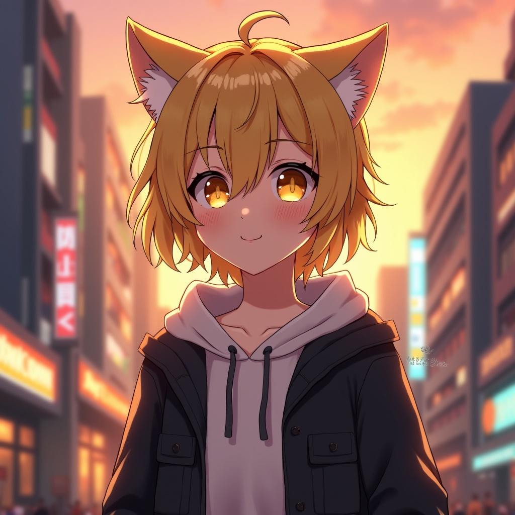 The illustration features a lively anime character with short, tousled yellow hair and distinctive cat ears. She stands confidently in front of a bustling urban backdrop during sunset, which casts a warm glow around her. Dressed in a black jacket layered over a hoodie, she embodies a casual and relatable style. Her bright golden eyes are particularly striking, drawing immediate attention to her cheerful expression. The background is colorful with blurred neon lights, suggesting an energetic city vibe. This artwork captures the essence of youth and vibrancy, ideal for any anime or digital art enthusiast.