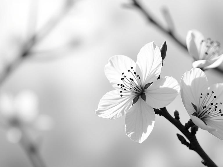 Black and white image of delicate cherry blossoms. Soft-focus background with high-key lighting. Emphasis on flower textures and contrasts. Circular lines in composition. Ethereal atmosphere with bokeh effect. Tranquil spring mood. Shallow depth of field highlights intricate petal details.