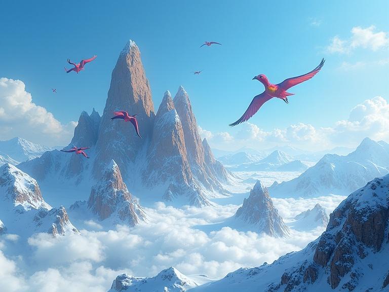 An otherworldly landscape depicting stunning fantasy mountains. Snow caps accentuate peak formations. Birds resembling colorful pterodactyls soar across a pure blue sky. The artwork emphasizes a vivid journey or migration. A feeling of magic underscores the scene.