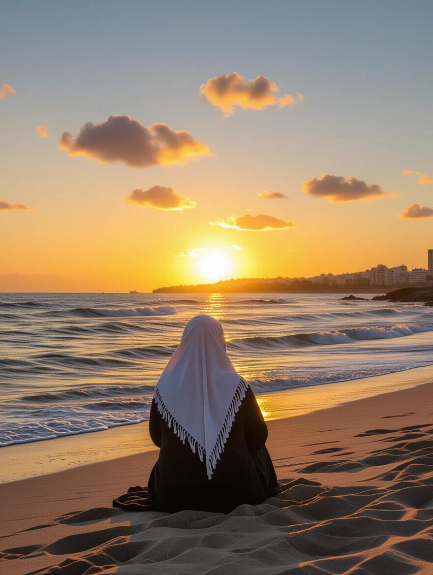A woman wearing a religious headscarf sits quietly on the sandy beach. Waves roll gently in the foreground. The sun sets on the horizon casting a warm glow. Soft clouds illuminated by sunset colors in the sky. City skyline visible in the distance.