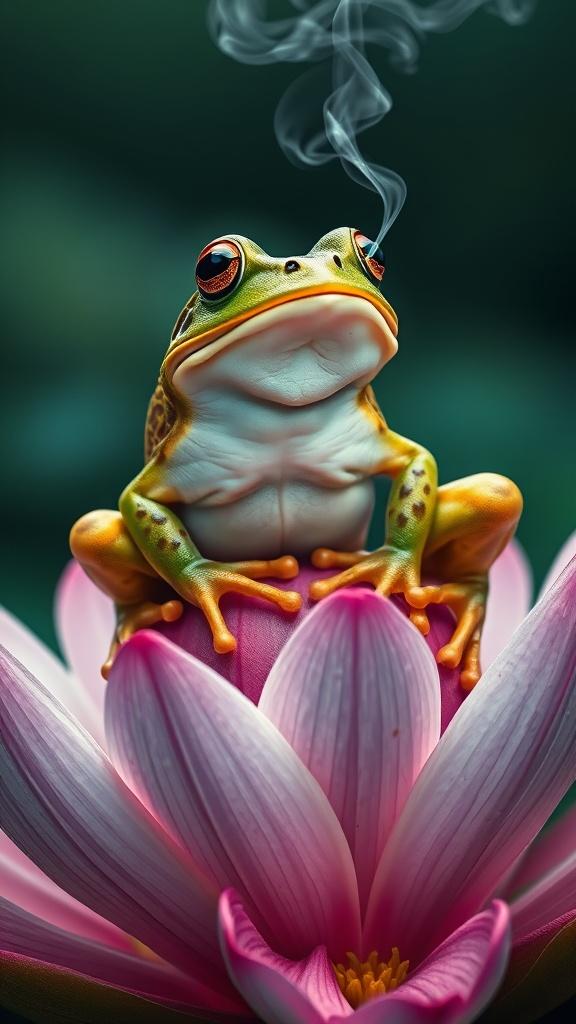 This whimsical digital art piece features a frog meditating atop a vibrant pink lotus flower. From its mouth emerges a small trail of smoke, adding an element of mystique. The frog is depicted with vibrant green and orange hues, and the background is softly blurred to highlight the serene ambiance of the image.