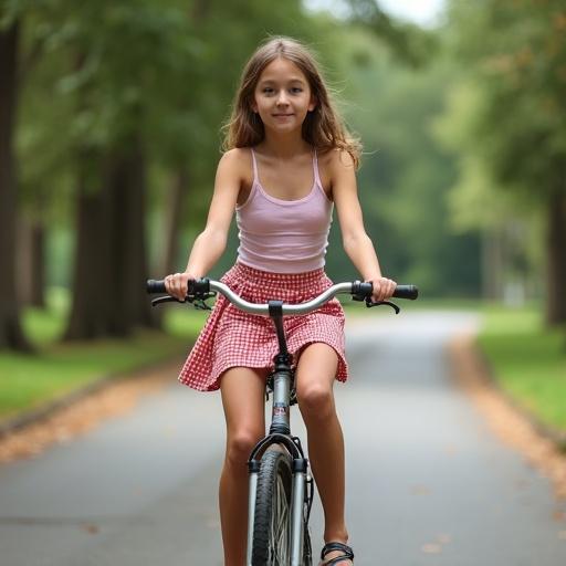 Beautiful slim 14 year old girl rides on bicycle wearing a miniskirt.