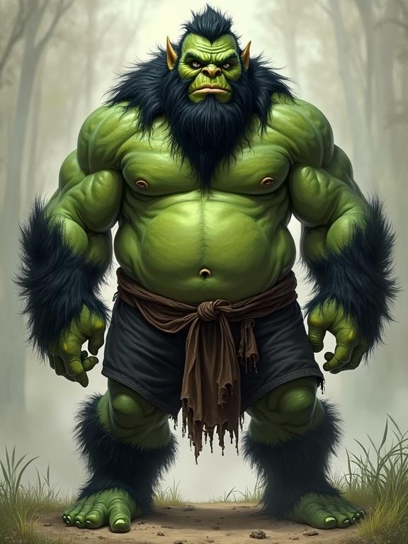 Hyperdetailed illustration of a 55-year-old green-skinned orc. Stocky build with broad shoulders and a thick middle. Arms are muscular from enchantment work. Covered in black fur with a fluffy beard. Has a bashful smile. Wearing black canvas shorts, with a pudgy belly.