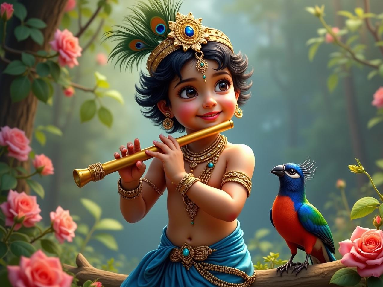 Create an image of an Indian boy dressed in traditional attire, similar to a deity. He should wear a blue fabric draping around his waist and shoulder, adorned with intricate jewelry, including necklaces, bracelets, and a decorative crown featuring peacock feathers. The boy should be holding a golden flute to his lips, with an expression of joy and innocence. Surround him with a lush garden, featuring vibrant flowers like roses and a colorful bird sitting nearby, enhancing the serene and enchanting atmosphere.