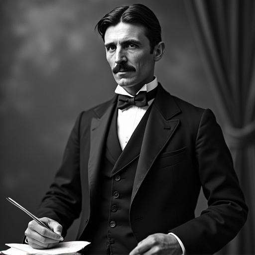 Nikola Tesla dressed in formal attire looks serious. He holds a piece of paper and appears poised as if preparing to speak. The setting has a classic feel with a dark background.