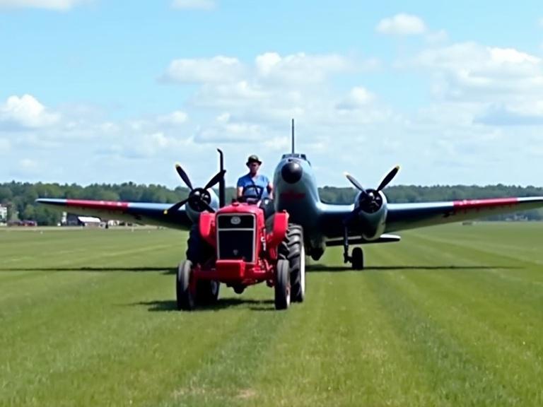 Photo showing a red tractor pulling a blue WWII-era bomber plane. Image features a grassy field with trees and houses in the background. Clear sky during the day with a driver visible in the tractor. Plane has two propellers with red letters on the wings. Bright sunlight casts a realistic scene with detailed textures and slight background blur.