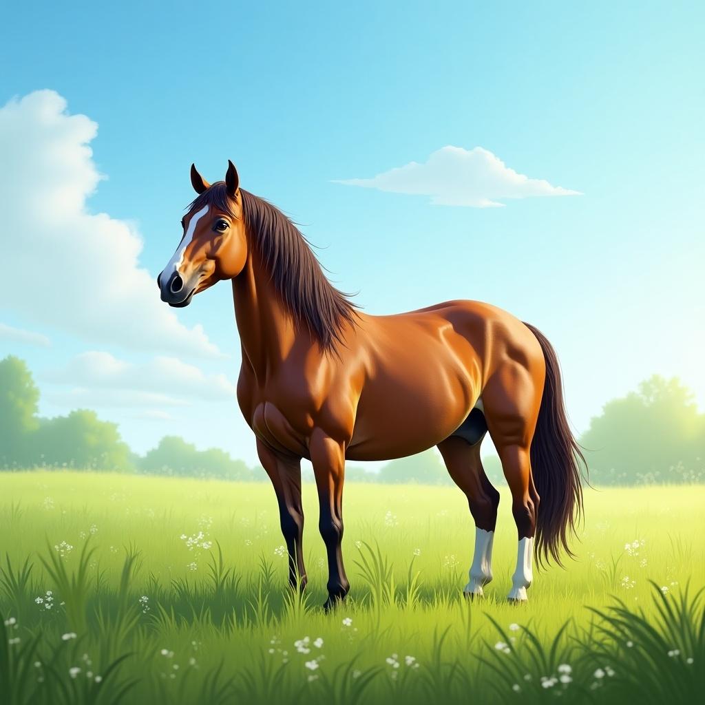 A strong and majestic horse stands in a sunny green field. The horse has a shiny brown coat and is facing sideways. The background features blue skies with fluffy clouds and a lush landscape.