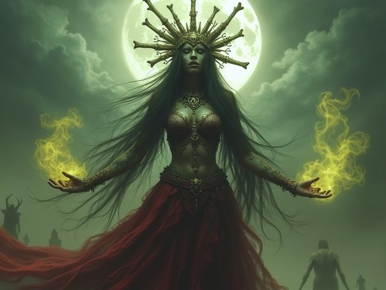 A formidable beautiful ghostly necromancer queen with long flowing dark hair. She wears an ornate headdress with a small skull at the center. Her outfit includes a jeweled bra and a tattered red skirt. Her arms are outstretched with ethereal yellow-green smoke around her hands. Moonlight breaks through storm clouds casting an ominous atmosphere. Shadowy figures lurk in the hazy background. The image captures dark fantasy with intricate details and high realism.