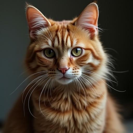 A detailed portrait of an orange cat with beautiful green eyes. The cat has a fluffy, well-groomed coat. The background is softly blurred, highlighting the cat's features and fur texture.