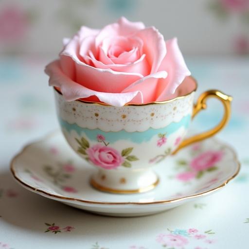 A charming image of light pink and white teacup and saucer with polka dots. Two toned design with roses print. Gold accents are visible. A real light pink rose head is placed on top of the teacup.